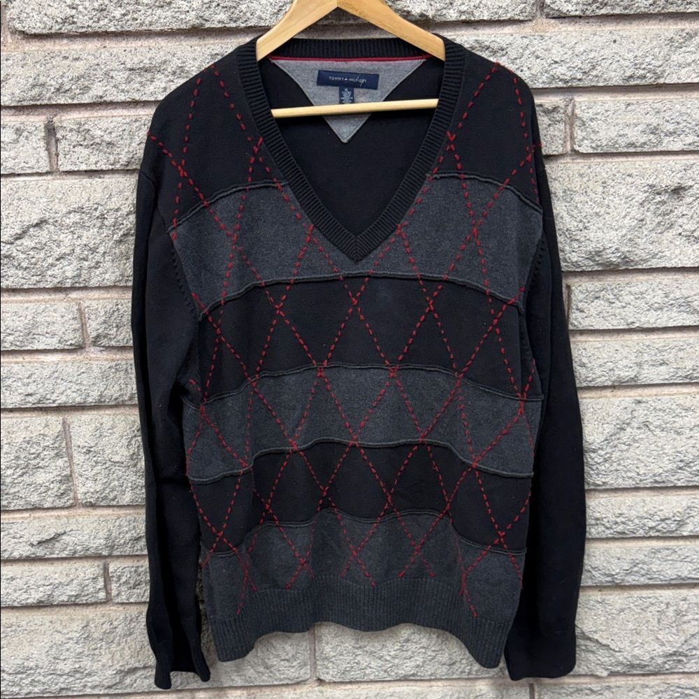 Tommy Hilfiger Black and Gray V-Neck Sweater with Red Accents